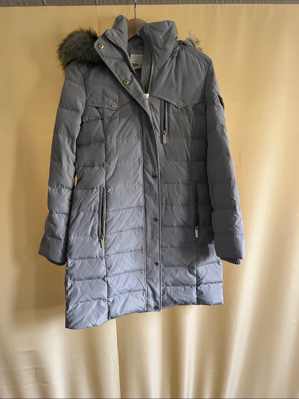 Michael Kors Gray Quilted Hooded Puffer Coat with Faux Fur Trim